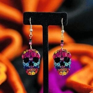 Gothic Sugar Skull Floral Acrylic Dangle Earrings Halloween Jewelry NWOT